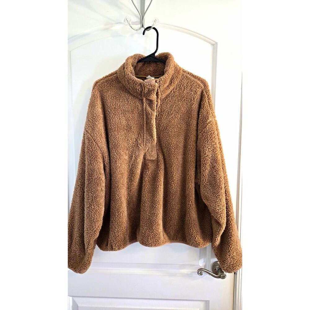 H&M Brown Sherpa Snap-Front Jacket w Pockets Women's 2XL Short Casual Teddy Bear